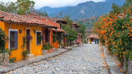 Cobblestone street lined with colorful, historic houses, autumn foliage, and mountains in the background