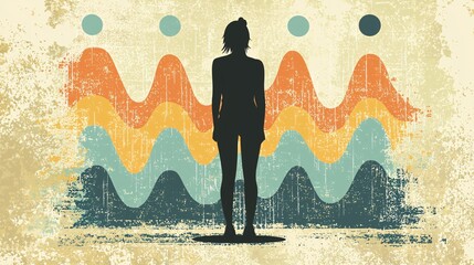 person standing in front of a colorful graph with peaks and drops, emotionally reacting to each level as hormone levels fluctuate. hormone chart, visual peaks, emotional response, hormone shifts, 