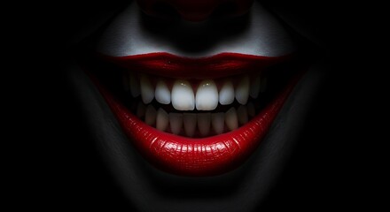 Smiling Mouth Close-up with Red Lipstick and White Teeth in Dark Setting