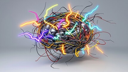abstract illustration of a human brain with colored lightning bolts and tangled strings, symbolizing the chaos of hormonal shifts and emotional outbursts. brain hormones, abstract storm, lightning 