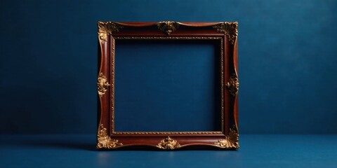 Ornate Wooden Picture Frame on Deep Blue Background, Ready for Your Precious Memories