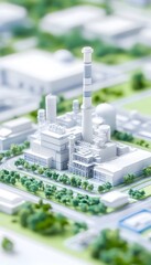 Miniature model of an industrial power plant nestled within a verdant landscape