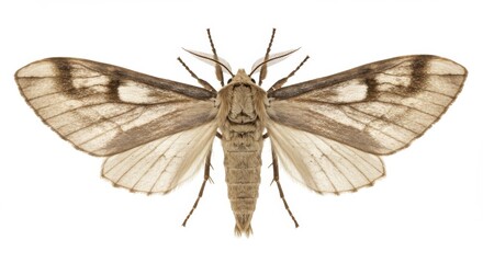 Detailed close up of a brown Notodontidae moth showcasing intricate wing patterns, feathery antennae, and textured body against a clean white background for scientific study or decorative use