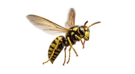 Detailed close-up of a wasp in mid-flight showcasing its distinctive yellow and black markings against a pristine white backdrop, emphasizing its intricate anatomy and wings.