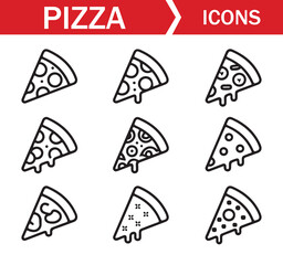 Collection of pizza icons in line art style, featuring whole and sliced pizzas with various toppings, ideal for food, restaurant, and culinary-related digital projects.