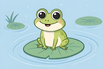Obraz premium Cute Cartoon Green Frog on Lily Pad Illustration – Happy Frog Art in Calm Water