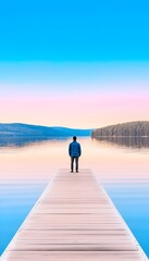 Fototapeta premium Solitary figure on a tranquil lake dock at dawn