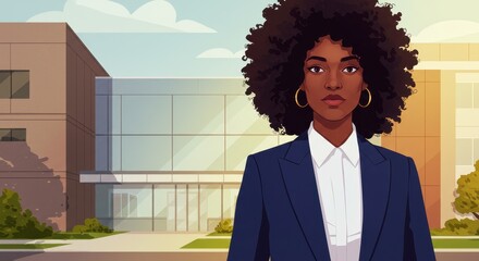 Confident Black Woman in Business Attire Outside Modern Building