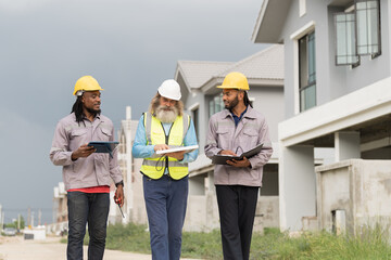 Construction site. Engineer inspect work. Housing estate projects under construction. Construction...