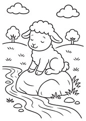 Coloring book lamb sits peacefully on a rock by a stream. Adorable line art for coloring