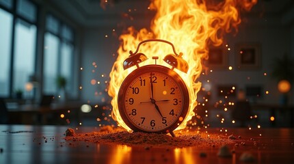 A burning alarm clock with ashes underneath symbolizes urgency, stress, and pressure due to deadlines