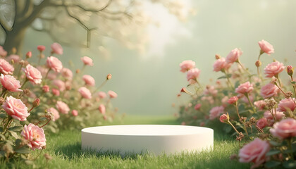 Natural beauty podium backdrop with spring flower field. Round dais for product display on green grass with pink roses garden.
