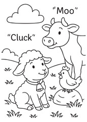 Coloring book lamb with a bell, a cow saying 