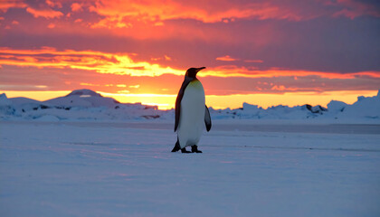 Majestic penguin standing on icy plains, silhouetted against a fiery sunset. Represents resilience, natures beauty and the challenges of cold environments.