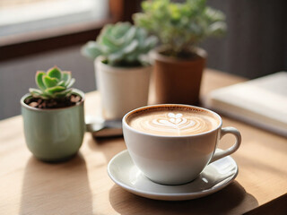 A cup of cappuccino with latte art on a wooden table, surrounded by small potted succulents. Warm sunlight creates a cozy and peaceful atmosphere. Perfect for morning or lifestyle themes.