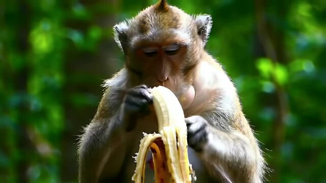 A macaque monkey intently peels and eats a banana in a lush green forest