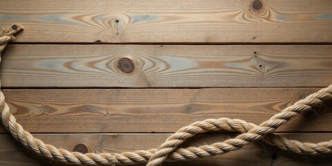Obraz premium Rustic Wooden Planks Background Featuring a Thick, Braided Hemp Rope Arranged in an Attractive Composition