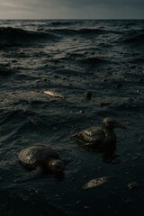 Ocean oil spill disaster with stranded sea turtle, seabird, and dead fish floating in dark polluted waters under cloudy sky

