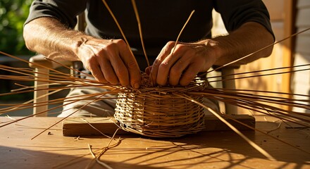 Basket weaving with hands creating traditional craft project.