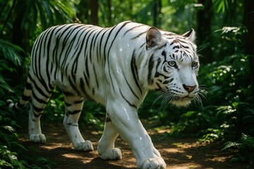 Naklejka premium White tiger walking through lush jungle path with sunlight filtering across foliage and tall green trees in natural habitat