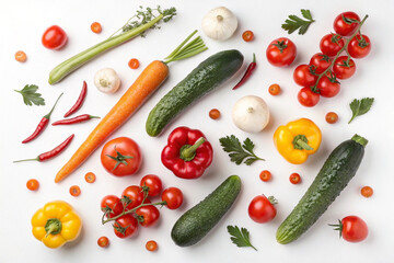 Top View of Fresh Assorted Vegetables on White Background – High Detail Studio Shot