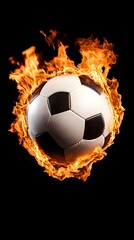 Naklejka premium Fiery soccer ball engulfed in flames against a black background (1)