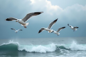 Fototapeta premium Seagulls Flying Over Ocean Wave on Cloudy Day