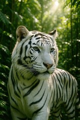 Fototapeta premium White tiger walking through dense jungle with sunlight beaming through tall green canopy and forest vegetation