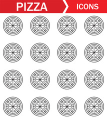 Collection of pizza icons in line art style, featuring whole and sliced pizzas with various toppings, ideal for food, restaurant, and culinary-related digital projects.