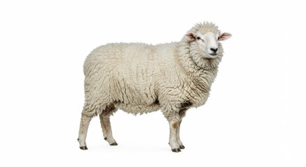 Fototapeta premium Full body shot of a fluffy white sheep standing calmly on a white background showcasing its woolly coat, ideal for agricultural and livestock themes in diverse projects