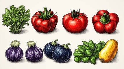 Colorful illustration of assorted fresh vegetables and herbs.  Detailed drawing style