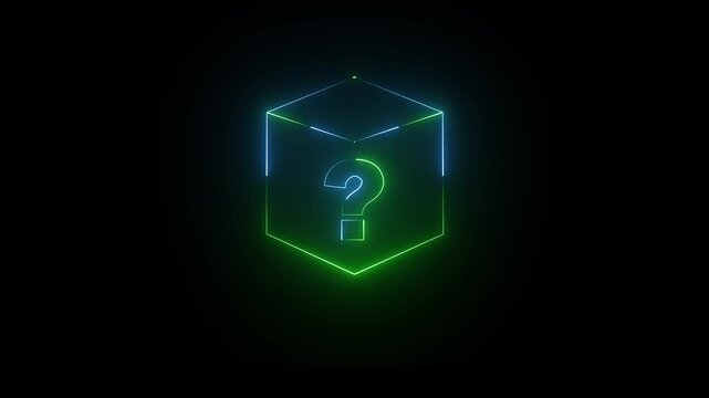 Neon glowing square frame on black background with question mark icon. Rectangular frame with moving line . neon squre frame icon and question mark animation .