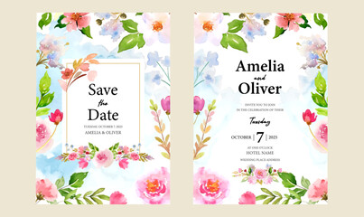 Wedding invitation with flowers in watercolour style in vector.