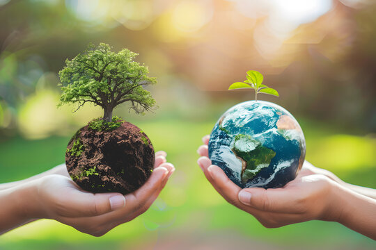 Hands holding Earth globes, one with a tree, one with a sprout.  Sustainability.