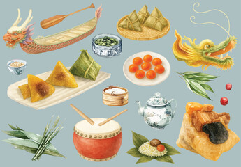 Watercolor Dragon Boat Festival Elements &ndash; Zongzi, Dragon Boat, and Traditional Foods Collection