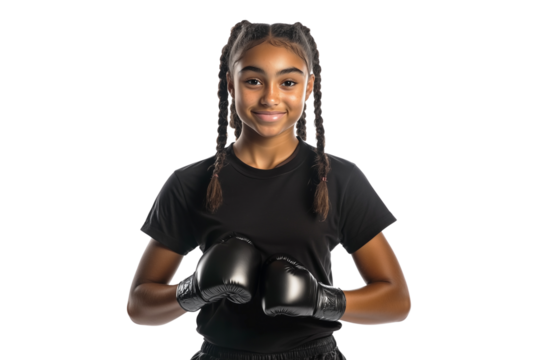 Smiling young African American woman wearing boxing gloves, isolated on white or transparent background