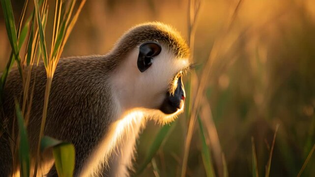 Vervet Monkey in Tall Grass at Sunset