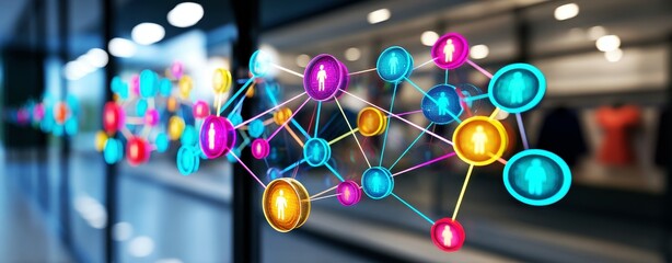 Customer journey touchpoints. Digital Screen Displaying Multiple Stages of Customer Journey with Colorful Icons and Connections