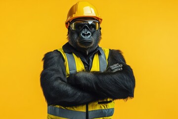 Gorilla construction worker posing in safety gear
