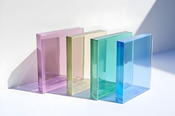 4 glass acrylic bookends in different colors, with a minimalistic design, on a white background. The colors are green, blue, pink, and purple