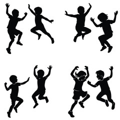 Silhouette Vector Illustration Of Happy Energetic Children Jumping And Playing Isolated On White Background