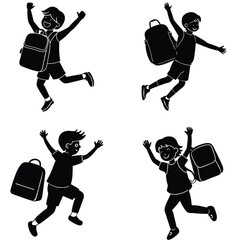 Vector Art Of Happy Children With Backpacks Jumping In Black Silhouettes