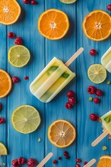 Popsicle photo of orange, lemon, and lime ice pops on a blue background with red berries