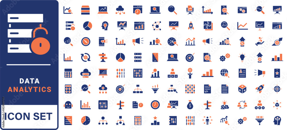 Poster data analytics icon set. containing data analysis, data mining, global data, monitoring, data proces