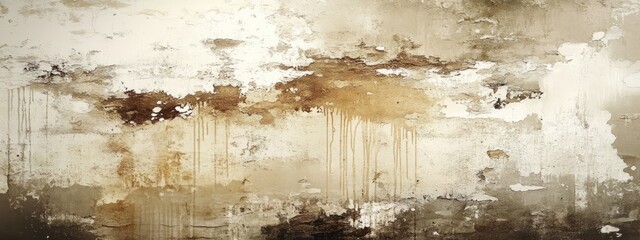 Aged, weathered wall with streaks of discoloration and peeling paint.  Abstract texture in muted tones of beige, brown, and white