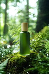 A bottle of green essence serum with bamboo cap is placed on the moss, surrounded by lush trees and water droplets in an environment with a forest atmosphere. The background features lush foliage
