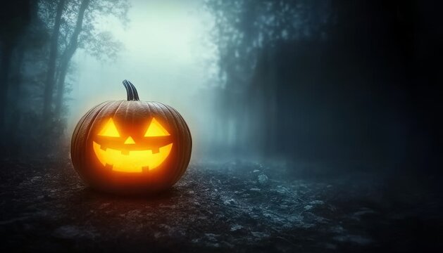 A glowing Halloween pumpkin situated in a dark and foggy forest background, offering a convenient copy space area. This striking image captures the spooky essence of Halloween, with the luminous pumpk