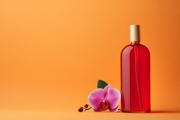 A bottle of red liquid on a wooden stand, with an orchid flower next to it and a swirling light orange background