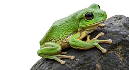 Obraz premium Green Tree Frog Resting on a Rock with a White Background Perfect for Educational Materials and Wildlife Conservation Projects Featuring Amphibians and Nature