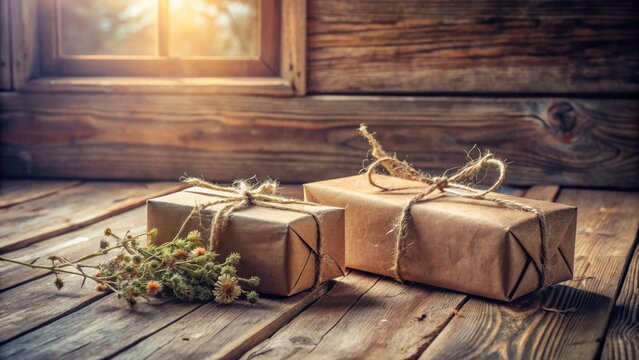 Rustic Wrapped Gifts Beside Dried Flowers on Wooden Surface Near Window